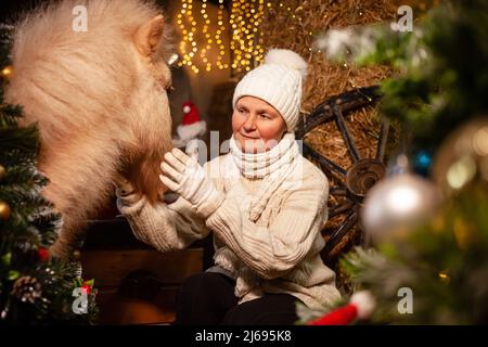 Décorations de Noël sur les écuries. Un magnifique poney avec une couronne autour de son cou. Arbre de Noël avec ballons, zone photo pour le nouvel an. Femme câlins cheval Banque D'Images