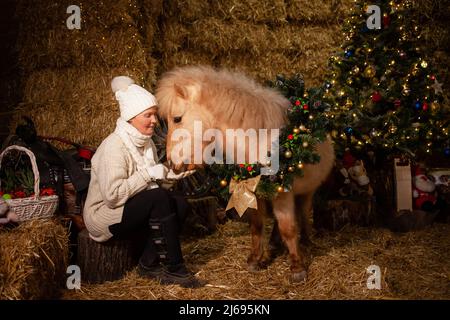 Décorations de Noël sur les écuries. Un magnifique poney avec une couronne autour de son cou. Arbre de Noël avec ballons, zone photo pour le nouvel an. Senior Banque D'Images