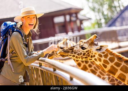 Femme appréciant les girafes dans un sanctuaire local d'éléphants et girafes, Kenya, Afrique de l'est, Afrique Banque D'Images