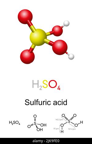 Acide sulfurique, H2SO4, modèle à bille et à bâton, formule moléculaire et chimique avec longueurs de liaison. Connu sous le nom d'acide sulfurique, ou huile de vitriol. Banque D'Images