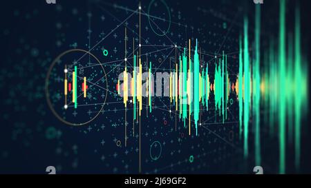Concept de diagramme d'ondes de fréquence de la technologie numérique Hi-Tech, visualisation de données complexes par hud futuriste, écran de surveillance en perspective pour les présentations Banque D'Images