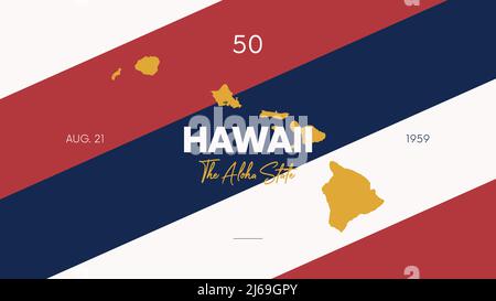 50 des 50 Etats des Etats-Unis avec un nom, surnom, et date admis à l'Union, détaillé vecteur Hawaii carte pour l'impression d'affiches, cartes postales Illustration de Vecteur