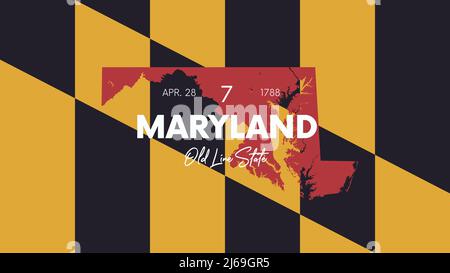 7 des 50 États des États-Unis avec un nom, surnom, et date admis à l'Union, carte détaillée Vector Maryland pour l'impression d'affiches, carte postale Illustration de Vecteur