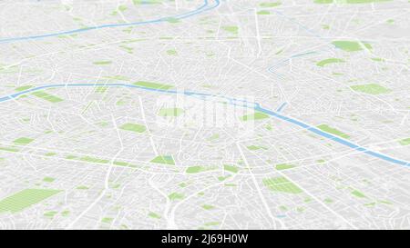 Vue aérienne carte de la ville Paris, plan détaillé en couleur, grille urbaine en perspective