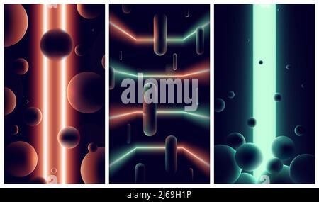 Arrière-plans futuristes abstraits avec des lumières et des lignes au néon dans l'espace sombre, dégradés de couleurs vibrantes du spectre orange et vert, format d'illustration de vecteur rétro Illustration de Vecteur
