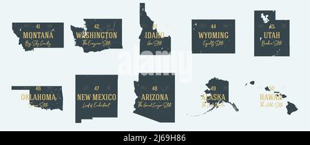 Ensemble 5 des 5 silhouettes vectorielles très détaillées de cartes de l'État des États-Unis avec noms et surnoms de territoire Illustration de Vecteur