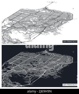 Vue aérienne de dessus carte de la ville San Francisco, plan détaillé noir et blanc, grille urbaine en perspective, illustration vectorielle Illustration de Vecteur