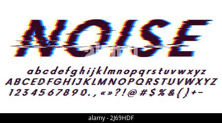 Police Glitch oblique sur fond blanc, erreur d'image numérique, distorsion des lettres et des caractères, effet stéréo 3D, canal de couleur bleu et rouge désactivé Illustration de Vecteur