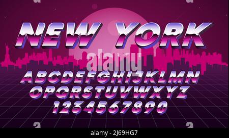 Police latine futuriste rétro, lettres et chiffres effet dégradé métallique, police vectorielle pour affiche, impression, Web sur l'arrière-plan horizon de New york v Illustration de Vecteur