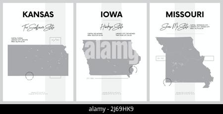 Affiches vectorielles avec silhouettes très détaillées de cartes des États d'Amérique, Division West North Central - Kansas, Iowa, Missouri - ensemble 6 de 17 Illustration de Vecteur
