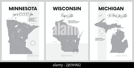 Affiches vectorielles avec silhouettes très détaillées de cartes des États d'Amérique, de la région des Grands Lacs - Minnesota, Wisconsin, Michigan - ensemble 5 de 1 Illustration de Vecteur