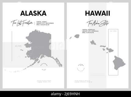 Affiches vectorielles avec silhouettes très détaillées de cartes des États d'Amérique, Division Pacifique - Alaska, Hawaï - ensemble 17 de 17 Illustration de Vecteur
