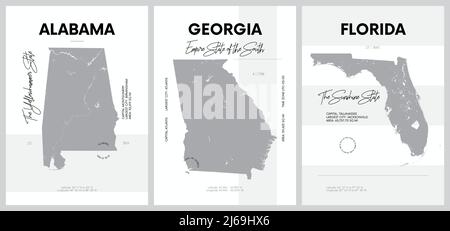 Affiches vectorielles avec silhouettes très détaillées de cartes des États d'Amérique, Division Atlantique Sud et Centre Sud est - Alabama, Géorgie, F Illustration de Vecteur