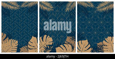 Ensemble créatif de brochures élégantes avec des feuilles et des plantes tropicales sur fond géométrique foncé dans le style art déco, un message d'accueil vectoriel et un prospectus d'invitation Illustration de Vecteur