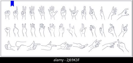Ensemble de contours des mains, des signes et des gestes humains ont isolé des illustrations vectorielles sur fond blanc Illustration de Vecteur