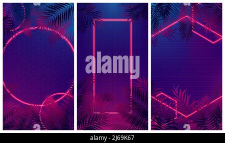 Ensemble de compositions futuristes abstraites modernes avec des rayons de lumière rouges au néon, une lueur réflexe de style cyberpunk sur les feuilles tropicales, illustration vectorielle Illustration de Vecteur