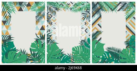 Ensemble créatif de brochures avec feuilles tropicales sur un fond géométrique coloré avec emplacement pour le texte, les affiches et les invitations de mariage, vecteur Illustration de Vecteur