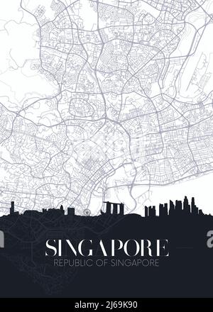 Plan des gratte-ciel et de la ville de Singapour, poster détaillé imprimé vectoriel du plan urbain Illustration de Vecteur