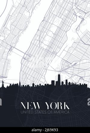 Plan des gratte-ciel et de la ville de New York, affiche vectorielle détaillée du plan urbain Illustration de Vecteur