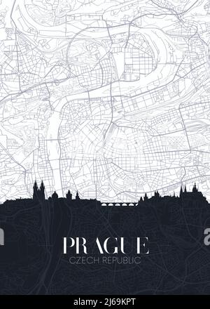 Plan des gratte-ciel et de la ville de Prague, poster détaillé imprimé vectoriel du plan urbain Illustration de Vecteur