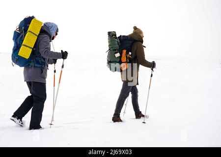 Deux gars marchent dans la neige au cours d'une expédition d'hiver. Ils portent de grands sacs à dos et des vestes chaudes. Ils tiennent des bâtons de randonnée dans leurs mains. Banque D'Images