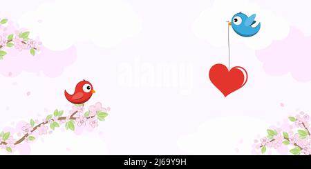 fichier vectoriel eps avec des oiseaux rouges et bleus amoureux, volant et assis sur des branches avec des fleurs et des feuilles vertes au printemps, tenant de grands hea Illustration de Vecteur