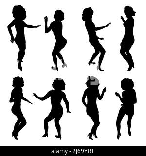 Femmes en robe skinny dansant silhouettes noires. Ensemble de moving disco curly filles formes. Poses abstraites de partie. Illustration vectorielle pour prospectus, poster, carte, concept de vacances. Illustration de Vecteur