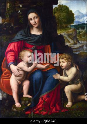 La Vierge à l'enfant avec Saint John par Bernardino Luini (1480/82-1532), huile sur peuplier, fin 1510s Banque D'Images