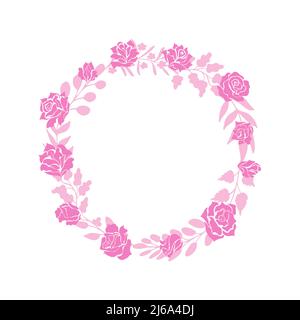 Couronne rose composée de fleurs et de boutons roses, de feuilles et de brindilles. Décoration florale, vignette, style silhouette moderne Illustration de Vecteur