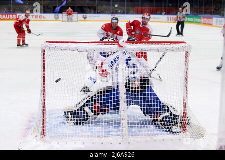 TYCHY, POLOGNE - 29 AVRIL 2022: Match de hockey de l'IIHF 2022 Championnat du monde de hockey sur glace Div 1B Serbie - Pologne Banque D'Images