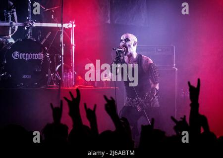 Oslo, Norvège. 15th, avril 2022. Le groupe norvégien de Black Metal Gorgoroth donne un concert à Rockefeller lors du festival norvégien du métal Inferno Metal Festival 2022 à Oslo. Ici, le chanteur Atterigner est vu en direct sur scène. (Crédit photo: Gonzales photo - Terje Dokken). Banque D'Images