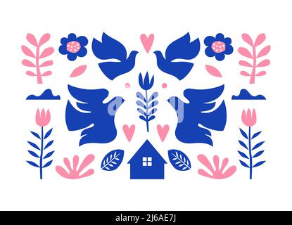 Motif folk nordique avec éléments oiseaux et fleurs Illustration de Vecteur