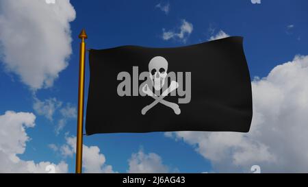 Jolly Roger ou drapeau de navire pirate agitant 3D Render avec le mât et le ciel bleu, drapeau de navire pirate à l'âge d'or de la piraterie, le crâne et les crossones, Pirates Banque D'Images