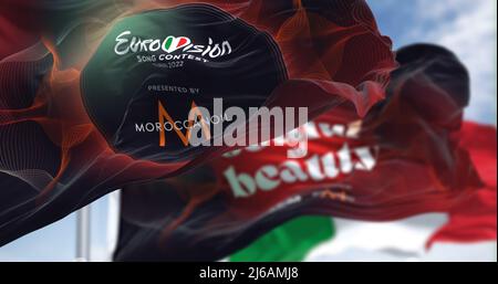 Turin, Italie, janvier 2022: Les drapeaux du Concours Eurovision de la chanson 2022 en agitant dans le vent. L'édition 2022 aura lieu à Turin, en Italie, à partir de 10 Banque D'Images