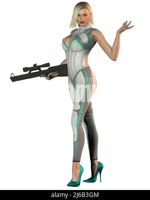 femme guerrier futuriste en costume gris et vert, armée de carabine, illustration 3d Banque D'Images