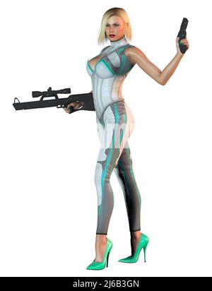 femme guerrier futuriste en costume gris et vert, armée de carabine, illustration 3d Banque D'Images