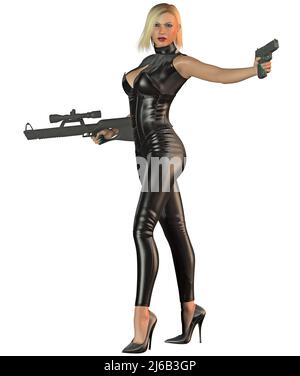 femme guerrier futuriste en costume noir, armée de fusil, illustration 3d Banque D'Images