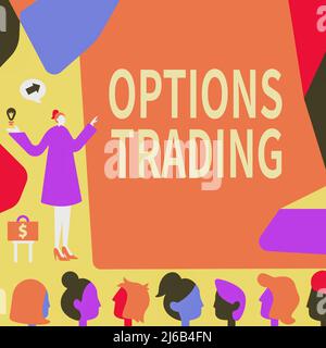 Légende de texte présentant Options Trading. Photo conceptuelle différentes options pour faire des biens ou des services se répandre dans le monde Lady pointant toile de fond Banque D'Images