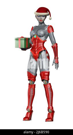 Robot femme Père Noël, métal rouge et gris, illustration 3D Banque D'Images