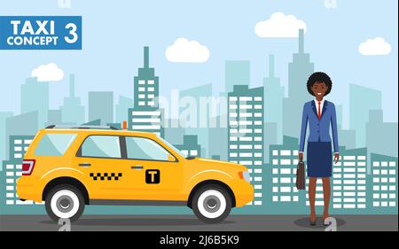 Concept de service de taxi. Illustration détaillée d'une femme d'affaires afro-américaine en arrière-plan avec taxi et paysage urbain dans un style plat. Illustration de Vecteur