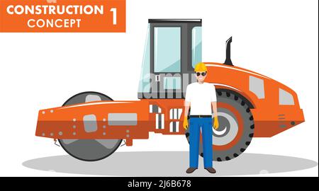 Illustration détaillée du compacteur et du travailleur à plat sur fond blanc. Illustration de Vecteur