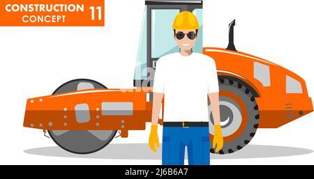 Illustration détaillée du compacteur et du travailleur à plat sur fond blanc. Illustration de Vecteur