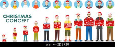 Tous les groupes d'âge de la famille de l'homme. Générations homme. Les générations de personnes de différents âges tiennent la boîte dans le chapeau de chapeau du Père Noël isolé sur fond blanc Illustration de Vecteur