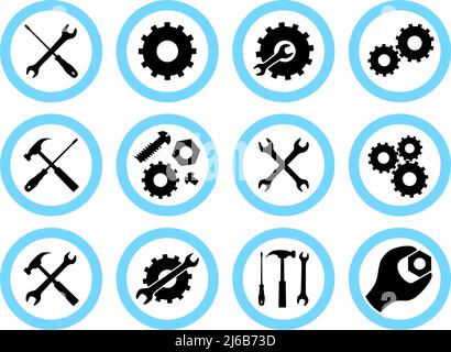 Concept de service de réparation. Jeu d'icônes : clé, tournevis, marteau, vis, écrou, boulon et pignon. Icône ou bouton Services isolé sur fond blanc. VVecto Illustration de Vecteur