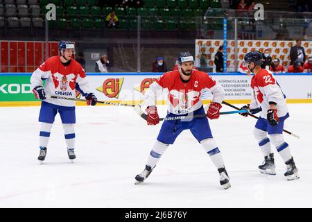 TYCHY, POLOGNE - 29 AVRIL 2022: Match de hockey de l'IIHF 2022 Championnat du monde de hockey sur glace Div 1B Serbie - Pologne Banque D'Images