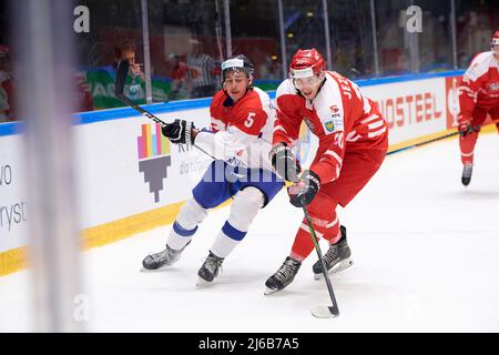 TYCHY, POLOGNE - 29 AVRIL 2022: Match de hockey de l'IIHF 2022 Championnat du monde de hockey sur glace Div 1B Serbie - Pologne Banque D'Images