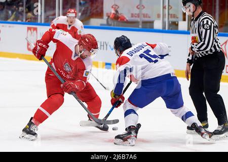 TYCHY, POLOGNE - 29 AVRIL 2022: Match de hockey de l'IIHF 2022 Championnat du monde de hockey sur glace Div 1B Serbie - Pologne Banque D'Images