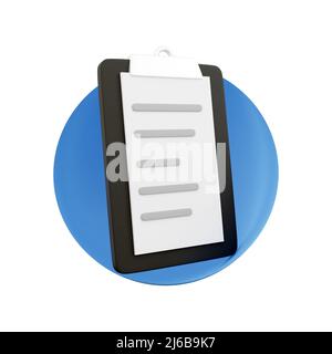 3D liste de contrôle de rendu sur le papier du presse-papiers isolé sur fond blanc, illustration de rendu 3D. Bloc-notes avec tâches cochées. Concept d'enquête en ligne, par ex. Banque D'Images
