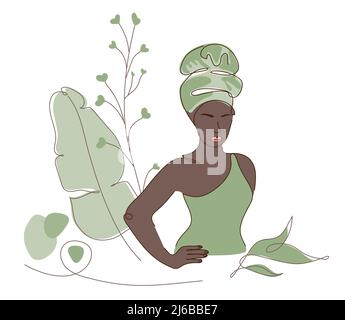 Beauté africaine silhouette féminine contour du corps en chapeau traditionnel, cheveux enveloppants ou afro. Illustration vectorielle en conception plate Illustration de Vecteur