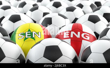 Angleterre vs. Match de football du Sénégal - balles en cuir dans les couleurs nationales de l'Angleterre et du Sénégal. 3D rendu Banque D'Images